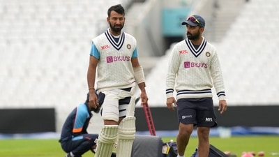 India's Cheteshwar Pujara, left, and India's Ajinkya Rahane, right, during a training session ahead of the fourth Test at The Oval (AP)