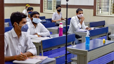 Students at Sarvodaya Bal Vidhyalaya attend class after schools in New Delhi reopened with Covid-19 restrictions. (PTI Photo/Vijay Verma) Students at Sarvodaya Bal Vidhyalaya attend class after schools in New Delhi reopened with Covid-19 restrictions. (PTI Photo/Vijay Verma)