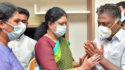 Expelled AIADMK leader VK Sasikala offers her condolences to AIADMK co-coordinator O Panneerselvam following the demise of the latter's wife Vijayalakshmi, in Chennai on Wednesday. (PTI) Expelled AIADMK leader VK Sasikala offers her condolences to AIADMK co-coordinator O Panneerselvam following the demise of the latter's wife Vijayalakshmi, in Chennai on Wednesday. (PTI)