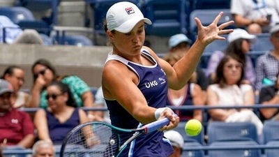 Ash Barty (in frame) made to work for win over Zvonareva in first round of US Open (AP) Ash Barty (in frame) made to work for win over Zvonareva in first round of US Open (AP)