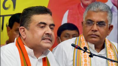 Leader of the Opposition in the West Bengal Assembly Suvendu Adhikari and West Bengal BJP president Dilip Ghosh address the media at the party headquarters in Kolkata on Wednesday. (HT PHOTO.) Leader of the Opposition in the West Bengal Assembly Suvendu Adhikari and West Bengal BJP president Dilip Ghosh address the media at the party headquarters in Kolkata on Wednesday. (HT PHOTO.)