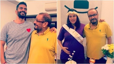 Neha Dhupia and Angad Bedi strike a pose with their father Pradip Singh Dhupia. (Instagram/@nehadhupia) Neha Dhupia and Angad Bedi strike a pose with their father Pradip Singh Dhupia. (Instagram/@nehadhupia)