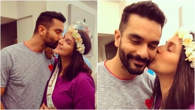 Neha Dhupia and Angad Bedi give major couple goals. While Neha looked beautiful in a purple dress, Angad kept it casual in a basic grey t-shirt and pants. (Instagram/@nehadhupia) Neha Dhupia and Angad Bedi give major couple goals. While Neha looked beautiful in a purple dress, Angad kept it casual in a basic grey t-shirt and pants. (Instagram/@nehadhupia)