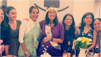 Sharing another set of stills, Neha Dhupia wrote, "I had no idea today’s day would pan out like this … the sweetest “surprise” baby 👶 shower 🤰 …. I have to say girls you caught your khufiya Dhupia totally off Gaurd… Followed by an evening with our favourite massis in the making. I love you all loads … agali baar surprise ke pehle thoda bata dena … 🤩😂here’s to the ones who made it and the ones we missed … all my love , always." (Instagram/@nehadhupia) Sharing another set of stills, Neha Dhupia wrote, "I had no idea today’s day would pan out like this … the sweetest “surprise” baby 👶 shower 🤰 …. I have to say girls you caught your khufiya Dhupia totally off Gaurd… Followed by an evening with our favourite massis in the making. I love you all loads … agali baar surprise ke pehle thoda bata dena … 🤩😂here’s to the ones who made it and the ones we missed … all my love , always." (Instagram/@nehadhupia)