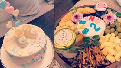The cake was decorated with little shoes and blue and pink hearts made of fondant. (Instagram/@nehadhupia) The cake was decorated with little shoes and blue and pink hearts made of fondant. (Instagram/@nehadhupia)