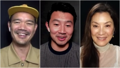 Shang-Chi actors Simu Liu (C) and Michelle Yeoh (R), and director Destin Daniel Cretton (L).