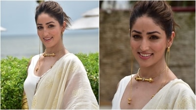 Yami chose a unique saree to promote her upcoming film, starring Arjun Kapoor, Saif Ali Khan and Jacqueline Fernandez, and looked exceptional. Her ensemble gave a modern twist to the traditional six yards, and we love every bit of this sartorial moment. (HT Photo/Varinder Chawla)