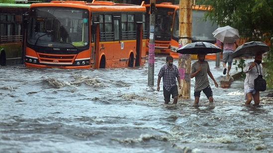 India Meteorological Department data showed the city recorded 112mm of rain in the 24 hours till 8:30am. (Photo by Raj K Raj / Hindustan Times)(Hindustan Times)