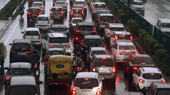 Vehicles stuck in a traffic jam due to the waterlogged roads following heavy rainfall near Hero Honda Chowk at Delhi-Gurugram Expressway, in Gurugram on September 1. (ANI)