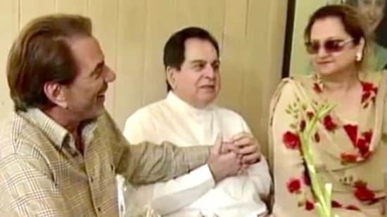 Dharmendra with Dilip Kumar and Saira Banu in this throwback picture.