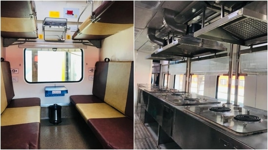 The bright golden-hued coaches of the Rajdhani train boasts smart features with intelligent sensor-based systems for enhanced passenger safety and comfort.(Twitter / @RailMinIndia)