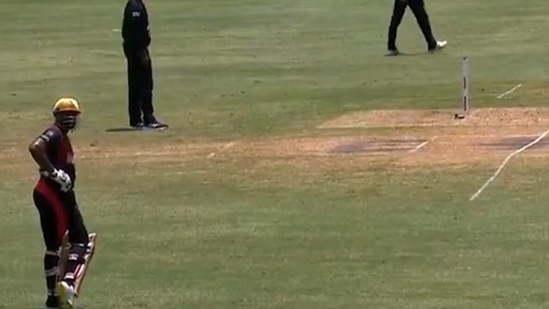 VIDEO: Unhappy with umpire's decision, Kieron Pollard protests silently by taking non-striker's guard near mid-wicket region(SCREENGRAB/TWITTER)