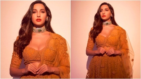 Earlier, Nora Fatehi shared a video of herself wearing a mustard yellow embroidered lehenga set.(Instagram/@norafatehi)