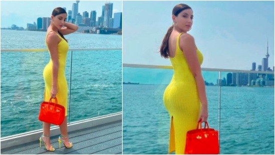 Nora Fatehi made heads turn when she posed in a yellow sleeveless bodycon dress in Toronto.(Instagram/@norafatehi)