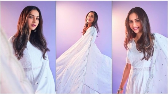 Rakul Preet, who has won hearts of many with her acting skills, opted for this elegant salwar suit for Kondapolam's promotion.(Instagram/@ rakulpreet)