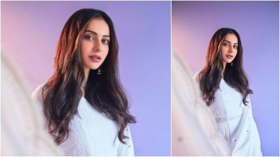 Rakul Preet kept it simple yet stylish as she posed in this white salwar with silver border.(Instagram/@rakulpreet)