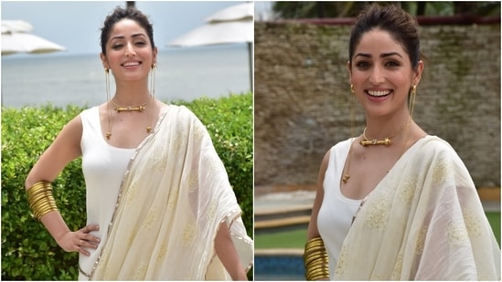 Bollywood actor Yami Gautam stepped out in Mumbai to promote her upcoming film Bhoot Police. The actor has been grabbing eyeballs with her sartorial choices of late, and her latest look is no exception. Today, she turned heads in the bay with her stylish traditional look.(HT Photo/Varinder Chawla)