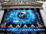 A Banner hangs outside the New York Stock Exchange (NYSE) ahead of the Virgin Galactic (SPCE) IPO. 