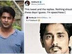 Siddharth is 'speechless' at the comments that the post had received. 