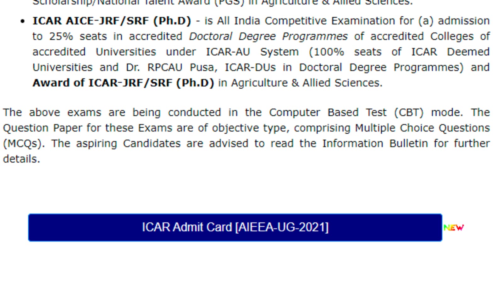 ICAR AIEEA UG admit cards 2021 released on icar.nta.ac.in, direct link