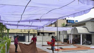 Preparation in progress a day before the United Cycle and Parts Manufacturers Association elections, on Gill Road in Ludhiana on Thursday. (Harsimar Pal Singh/HT)