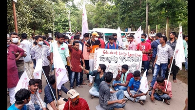 West Bengal, Aug 31 (ANI): Various student unions supporters stage a protest march against the expulsion of three students of Visva Bharati University, in Bolpur on Tuesday. (ANI Photo) (ANI)