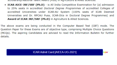ICAR AIEEA UG admit card 2021: Candidates who have registered for the AIEEA UG examination 2021 can download their admit cards from the official website of NTA ICAR on icar.nta.ac.in. (icar.nta.ac.in)