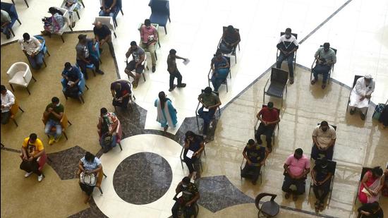 Beneficiaries wait in the observation area after getting inoculated against Covid-19 at Wockhardt Hospital, Mumbai Central on Thursday. (Anshuman Poyrekar/HT PHOTO)