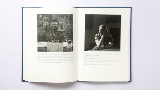 A spread from ‘Portrait of a House: Conversations with BV Doshi’ that shows on the left, a sculpture of BV Doshi’s mother-in-law and on the right, Doshi at the dining table in Kamala House, Ahmedabad. (Dayanita Singh)