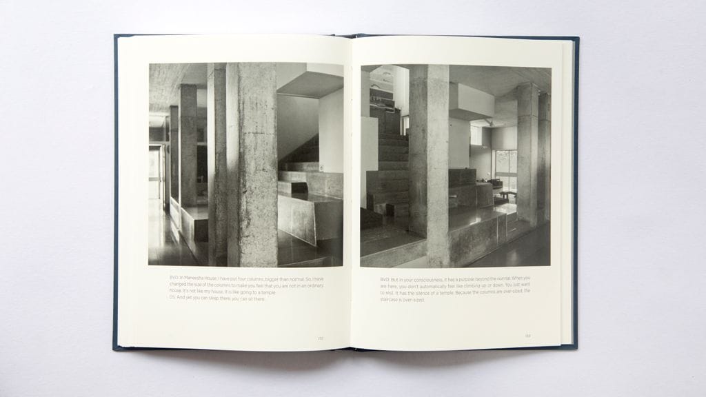 A spread from ‘Portrait of a House: Conversations with BV Doshi’ that shows the columns inside Maneesha House. (Dayanita Singh)