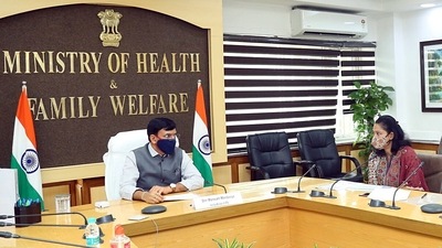 Union health minister Mansukh Mandaviya meets Mahima Datla, MD of Biological E. Limited, in New Delhi. (ANI / File Photo)