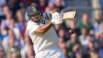 India's Shardul Thakur hits runs off the bowling of England's Chris Woakes. (AP)
