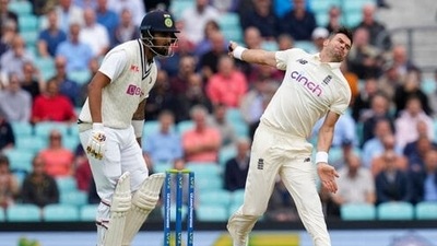 England's James Anderson bowles to India's Rohit Sharma. (AP)
