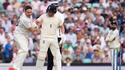 A pitch invader dressed in whites, left, bumps into England's Jonny Bairstow on day two of the fourth Test match at The Oval cricket ground in London, Friday, Sept. 3, 2021. (AP) A pitch invader dressed in whites, left, bumps into England's Jonny Bairstow on day two of the fourth Test match at The Oval cricket ground in London, Friday, Sept. 3, 2021. (AP)