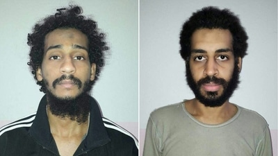 This file combination of pictures created on February 11, 2018, from two handout images provided by the Syrian Democratic Forces (SDF) on February 10, 2018 shows captured British Islamic State (IS) group fighters El Shafee el-Sheikh (L) and Alexanda Kotey (R), posing for mugshots in an undisclosed location. (AFP) This file combination of pictures created on February 11, 2018, from two handout images provided by the Syrian Democratic Forces (SDF) on February 10, 2018 shows captured British Islamic State (IS) group fighters El Shafee el-Sheikh (L) and Alexanda Kotey (R), posing for mugshots in an undisclosed location. (AFP)