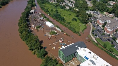 Roads are covered in floodwaters caused by the remnants of Tropical Storm Ida which brought drenching rain, flash floods and tornadoes to parts of the northeast in Bridgeport, Pennsylvania, U.S. (REUTERS)