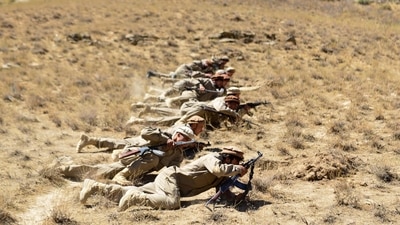 Afghan resistance movement and anti-Taliban uprising forces take part in a military training at Malimah area of Dara district in Panjshir province. (AFP) Afghan resistance movement and anti-Taliban uprising forces take part in a military training at Malimah area of Dara district in Panjshir province. (AFP)
