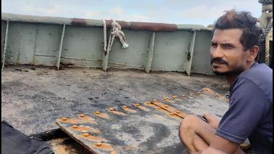The labourer was stuck onboard for nearly 26 hours and was asleep on the barge when it drifted out to sea. He was alone as the pilot had left the barge to have his dinner. (SOURCED.) The labourer was stuck onboard for nearly 26 hours and was asleep on the barge when it drifted out to sea. He was alone as the pilot had left the barge to have his dinner. (SOURCED.)