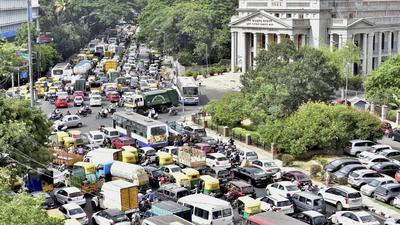 Vehicles stuck in a traffic jam in central business district after certain restrictions of Covid-induced lockdown eased, in Bengaluru, in June. (PTI) Vehicles stuck in a traffic jam in central business district after certain restrictions of Covid-induced lockdown eased, in Bengaluru, in June. (PTI)