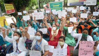 The NHM employees had started their indefinite protest to demand equal pay for equal work in Chandigarh on August 23. The NHM employees had started their indefinite protest to demand equal pay for equal work in Chandigarh on August 23.
