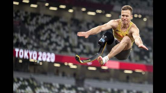 Gold medallist Markus Rehm at the Tokyo Paralympics. Rehm also set the world record in his category in 2021, with an 8.62m jump that would have won him gold at every able-bodied Olympics since 1992. (AFP) Gold medallist Markus Rehm at the Tokyo Paralympics. Rehm also set the world record in his category in 2021, with an 8.62m jump that would have won him gold at every able-bodied Olympics since 1992. (AFP)