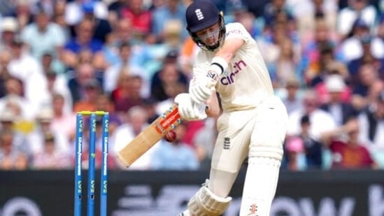 England's Ollie Pope plays a shot off the bowling of India's Shardul Thakur on day two of the fourth Test match at The Oval cricket ground in London, Friday, Sept. 3, 2021. (AP)