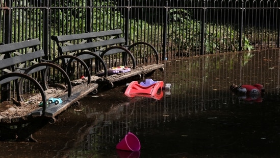 Benches and toys are seen at a flooded park after the remnants of Tropical Storm Ida brought drenching rain and the threat of flash floods and tornadoes to parts of the northern mid-Atlantic, in the Brooklyn borough of New York City, U.S.(REUTERS)