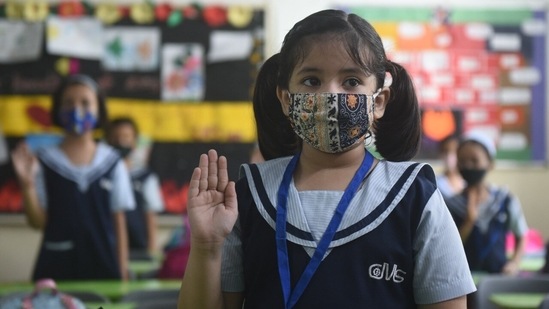 The attendance was very low on the first day the school reopened for primary classes in Uttar Pradesh.(HT Photo/Deepak Gupta)