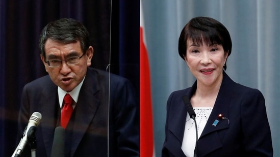 Japan's vaccination programme chief Taro Kono (L) and internal affairs minister Sanae Takaichi are two of the candidates many presume could line up for the post of prime minister. (File Photos / REUTERS) Japan's vaccination programme chief Taro Kono (L) and internal affairs minister Sanae Takaichi are two of the candidates many presume could line up for the post of prime minister. (File Photos / REUTERS)