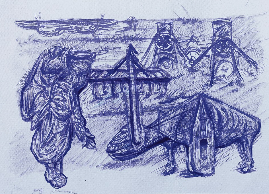 Umesh Singh, the son of a farmer, uses indigo dye to paint scenes from the sit-in. Umesh Singh, the son of a farmer, uses indigo dye to paint scenes from the sit-in.