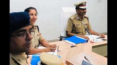 Haryana DGP PK Aggarwal reviewed law and order preparations in Karnal on Saturday. (HT Photo)