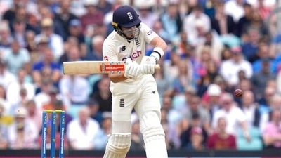 England's Ollie Pope plays a shot off the batting of India's Shardul Thakur on day two of the fourth Test match at The Oval cricket ground in London, Friday, Sept. 3, 2021. (AP Photo/Kirsty Wigglesworth) (AP)