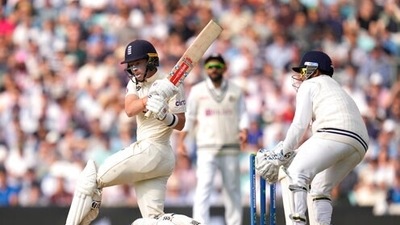 England's Ollie Pope plays a shot off the bowling of India's Ravindra Jadeja on day two of the fourth Test match at The Oval cricket ground in London, Friday, Sept. 3, 2021. (AP Photo/Kirsty Wigglesworth) (AP)