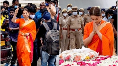 Kangana Ranaut paid her respects to former Tamil Nadu chief minister J Jayalalithaa at her memorial in Chennai on Saturday. (PTI) Kangana Ranaut paid her respects to former Tamil Nadu chief minister J Jayalalithaa at her memorial in Chennai on Saturday. (PTI)